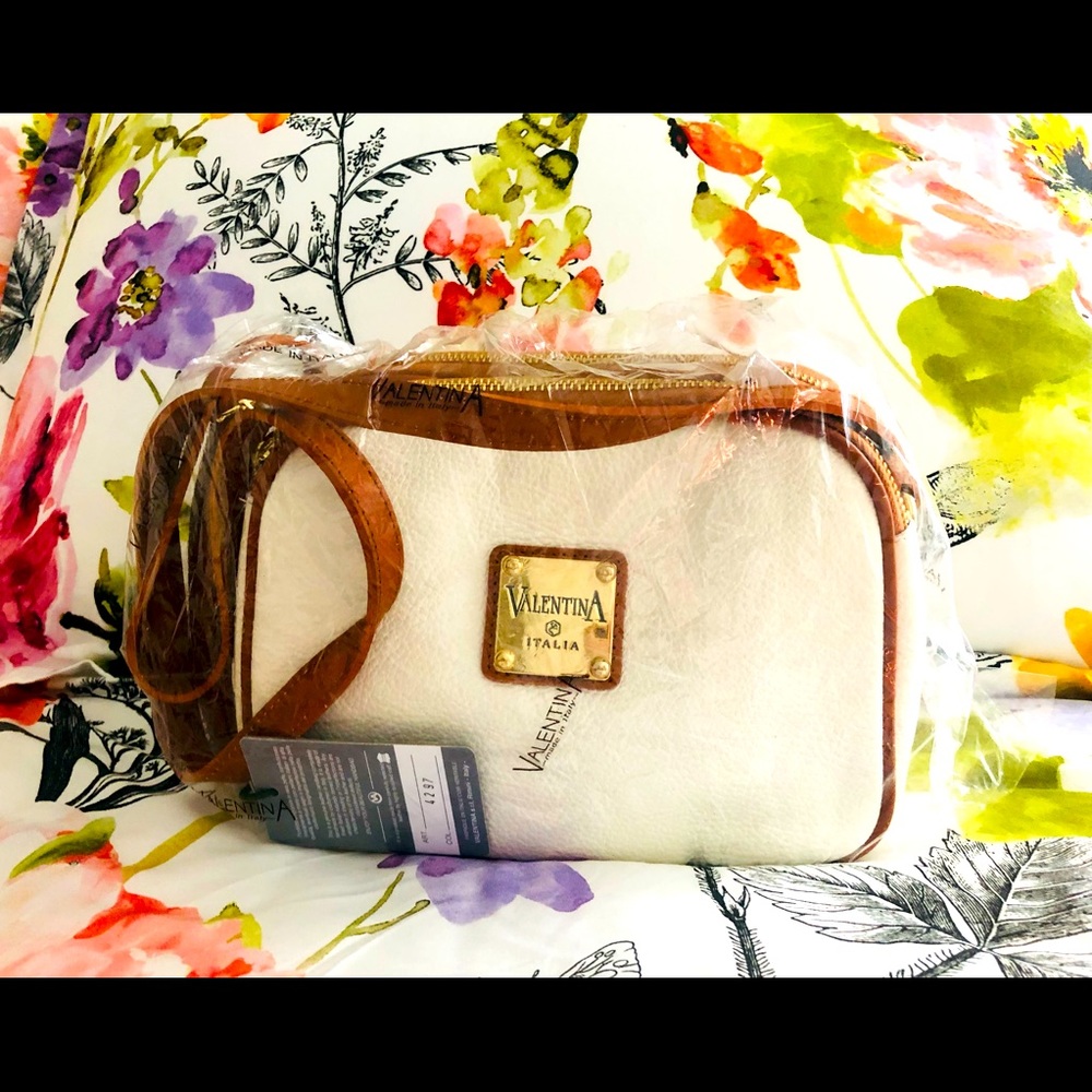 New, Valentina Italia-White Pebble Italian Genuine Leather Crossbody.